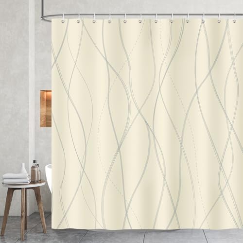 COZZSNUGE Duschvorhang 183 x 183 cm Moderne Streifen, Grau und Gelb Gestreift Duschvorhänge Anti-schimmel Wasserdicht Polyester Stoff Badvorhang mit 12 Duschvorhangringen von COZZSNUGE