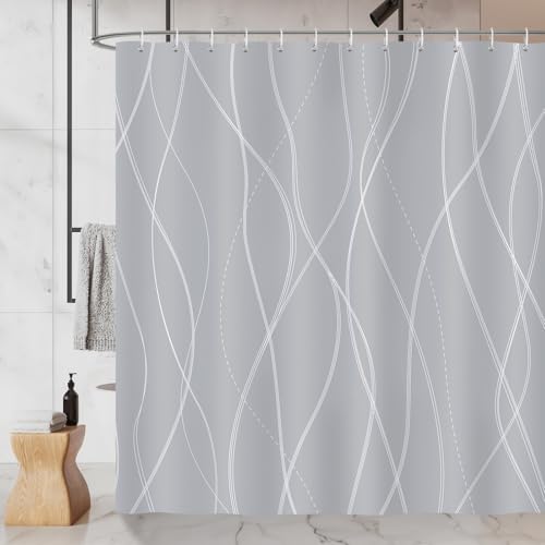 COZZSNUGE Duschvorhang 183 x 183 cm Moderne Streifen, Weiß und Grau Gestreift Duschvorhänge Anti-schimmel Wasserdicht Polyester Stoff Badvorhang mit 12 Duschvorhangringen von COZZSNUGE