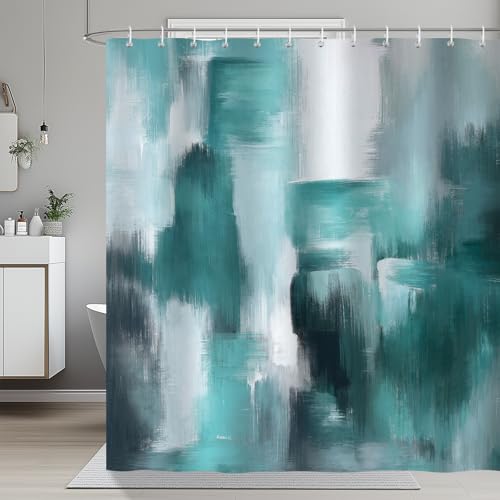 COZZSNUGE Duschvorhang 183 x 183 cm Türkis Abstrakt, Modern Geometrisch Blaugrün Duschvorhänge Anti-schimmel Wasserdicht Polyester Stoff Badvorhang mit 12 Duschvorhangringen von COZZSNUGE