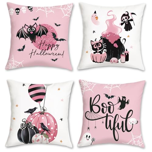 COZZSNUGE Halloween Kissenbezüge 45 x 45 cm, Schwarze Katze Kürbisse Fledermäuse Buhruf Rosa Samtig Dekorative Kissenhülle Zierkissenbezüge für Sofa Wohnzimmer Zuhause 4er Set COZZSNUGE Halloween Kissenbezüge 45 x 45 cm, Schwarze Katze Kürbisse Fledermäuse Buhruf Rosa Samtig Dekorative Kissenhülle Zierkissenbezüge für Sofa Wohnzimmer Zuhause 4er Set von COZZSNUGE