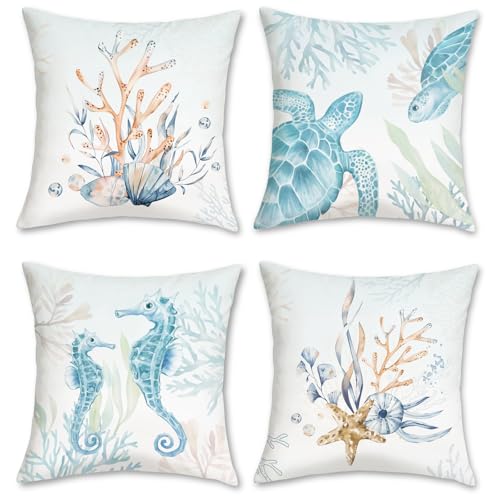COZZSNUGE Küsten Kissenbezüge 45 x 45 cm, Sommer Blau Seestern Meeresschildkröten Seepferdchen Dekorative Kissenhülle Zierkissenbezüge für Sofa Wohnzimmer Zuhause 4er Set COZZSNUGE Küsten Kissenbezüge 45 x 45 cm, Sommer Blau Seestern Meeresschildkröten Seepferdchen Dekorative Kissenhülle Zierkissenbezüge für Sofa Wohnzimmer Zuhause 4er Set von COZZSNUGE