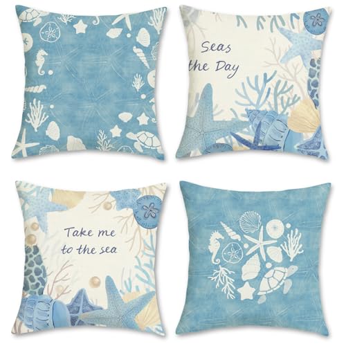 COZZSNUGE Sommer Küsten Kissenbezüge 45 x 45 cm, Seestern Muschelschale Koralle Blau Polyester Dekorative Kissenhülle Zierkissenbezüge für Sofa Wohnzimmer Zuhause 4er Set von COZZSNUGE