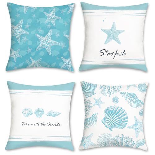 COZZSNUGE Sommer Küsten Kissenbezüge 45 x 45 cm, Seestern Muschelschale Koralle Samtig Dekorative Kissenhülle Zierkissenbezüge für Sofa Wohnzimmer Zuhause 4er Set von COZZSNUGE