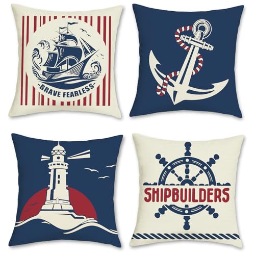 COZZSNUGE Sommer Nautisch Kissenbezüge 45 x 45 cm, Boot Anker Steuer Leuchtturm Rot Marineblau Dekorative Kissenhülle Zierkissenbezüge für Sofa Wohnzimmer Zuhause 4er Set von COZZSNUGE