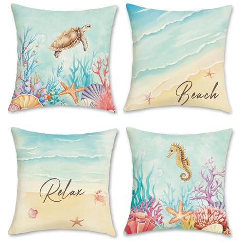 COZZSNUGE Sommer Ozean Strand Kissenbezüge 45 x 45 cm, Meeresschildkröte Seepferdchen Küsten Polyester Dekorative Kissenhülle Zierkissenbezüge für Sofa Wohnzimmer Zuhause 4er Set von COZZSNUGE
