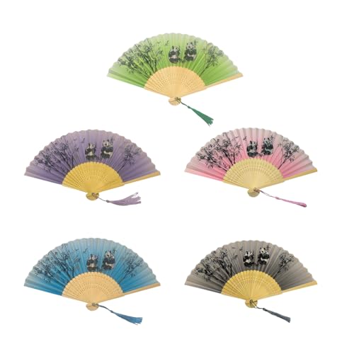 CPAOWEHF Packung Von 5 Bambus Faltfächern Chinesische Styles Panda Muster Handheld Traditionelles Line Dancing Supplies Cooling Tool Bamboos Sammlung von CPAOWEHF