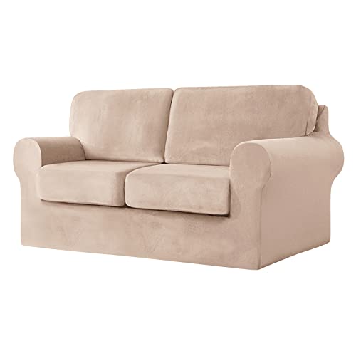CPCPC Sofabezug, Samtsofabezug mit separaten Sitzkissen und Rückenlehnen, rosa, dehnbarer Couch-Schonbezug for Schutz der Möbel, geteiltes kombiniertes Design for 3-Sitzer-Sofa, 7-teiliges Set von CPCPC