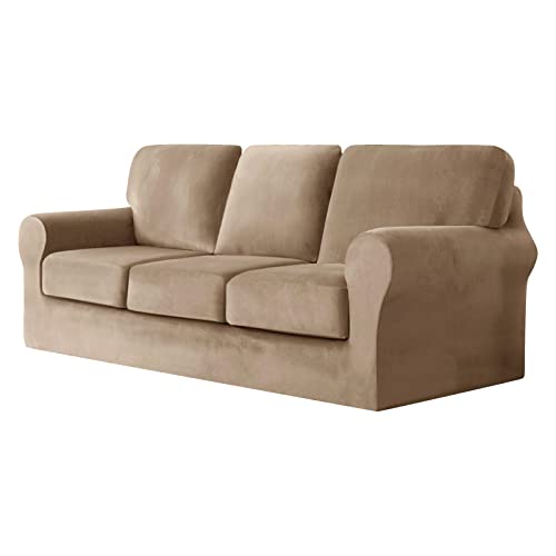 CPCPC Sofabezug, Stretch-Sofabezug aus Samt, Couchbezüge, Möbelschutz mit separaten Sitzkissen und Rückenlehnen, Sand, großes 4-Sitzer-Set, 7-teilig von CPCPC