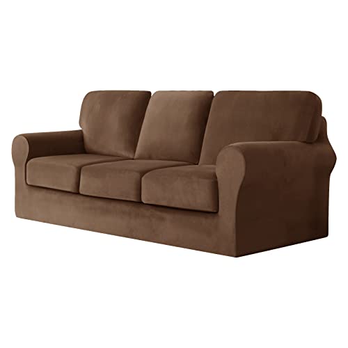 CPCPC Sofabezug, Stretch-Sofabezug aus Samt, Couchbezüge, Möbelschutz mit separaten Sitzkissen und Rückenlehnen, Sand, großes 4-Sitzer-Set, 7-teilig von CPCPC
