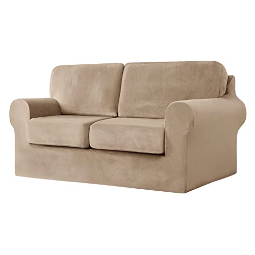 CPCPC Sofabezug, Stretch-Sofabezug aus Samt mit separaten Sitzkissen und Rückenlehnen, Couch-Schonbezug, Möbelschutz for 3-Sitzer-Sofa, Rosa, 7-teiliges Set von CPCPC