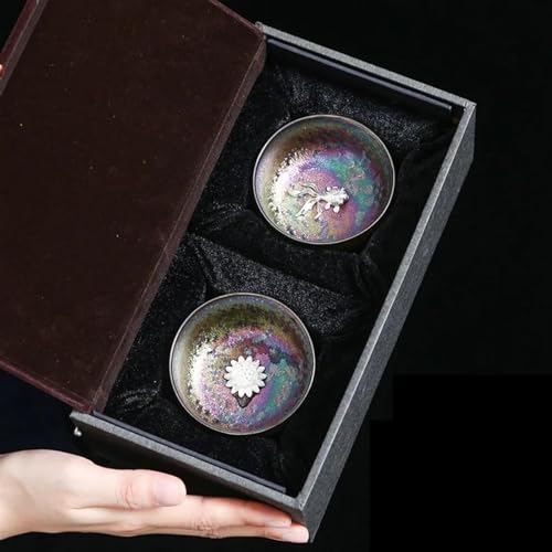 CPDDNGZMKK Teetassen-Sets 2 Teiliges Jianzhan Teetassen Set Kung Fu Tee Keramik Teetasse Eingelegte Silberne Teeschale Bunte Tianmu Meister Reise-Teeset(A) von CPDDNGZMKK