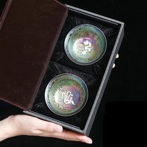 CPDDNGZMKK Teetassen-Sets 2 Teiliges Jianzhan Teetassen Set Kung Fu Tee Keramik Teetasse Eingelegte Silberne Teeschale Bunte Tianmu Meister Reise-Teeset(E) von CPDDNGZMKK