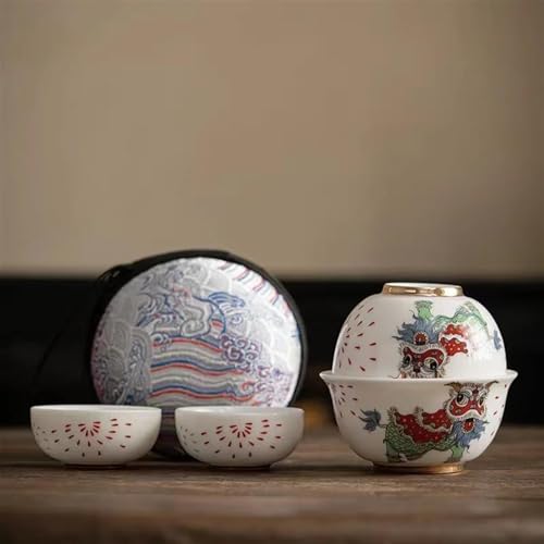 CPDDNGZMKK Teetassen-Sets Chinesischer Löwe Weißes Porzellan Express Tasse Tragbares Keramik Reisetee Set 1 Kanne 3 Tassen Filter Kung Fu Teegeschirr Reise-Teeset(A) von CPDDNGZMKK
