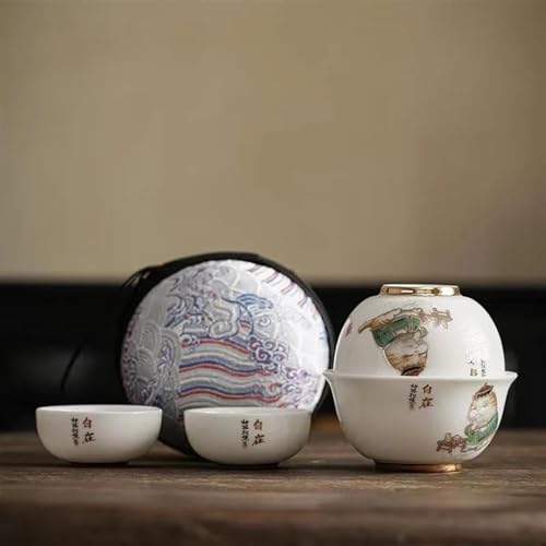 CPDDNGZMKK Teetassen-Sets Chinesischer Löwe Weißes Porzellan Express Tasse Tragbares Keramik Reisetee Set 1 Kanne 3 Tassen Filter Kung Fu Teegeschirr Reise-Teeset(B) von CPDDNGZMKK