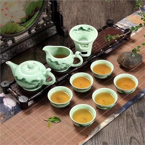 CPDDNGZMKK Teetassen-Sets Handgefertigte Seladon-Teekanne Mit Landschafts-Lotus-Design, Teetassen, Geschenkset, 9-teilig Pro Traditionelles Longquan-Kung-Fu-Teegeschirr-Set Reise-Teeset(Type-B) von CPDDNGZMKK