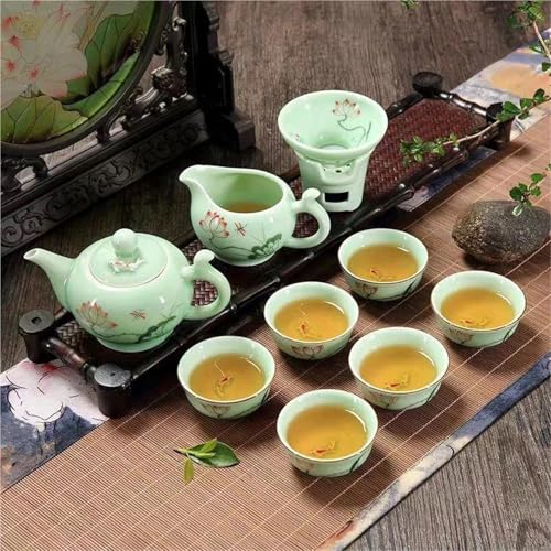CPDDNGZMKK Teetassen-Sets Handgefertigte Seladon-Teekanne Mit Landschafts-Lotus-Design, Teetassen, Geschenkset, 9-teilig Pro Traditionelles Longquan-Kung-Fu-Teegeschirr-Set Reise-Teeset(Type-D) von CPDDNGZMKK