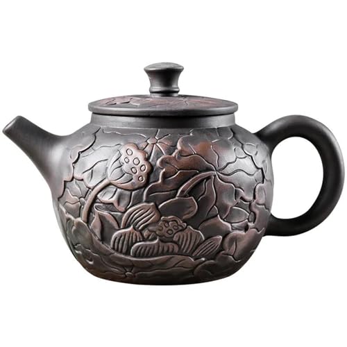 CPDDNGZMKK Teetassen-Sets Handgemachtes Teeset 1pc Schönheit Kettle Black Mud Hand Made Geschnitzt Lotus Illustration Topf Yixing Teekanne Lila Ton Teekannen Reise-Teeset(16X9.5CM 400ML) von CPDDNGZMKK