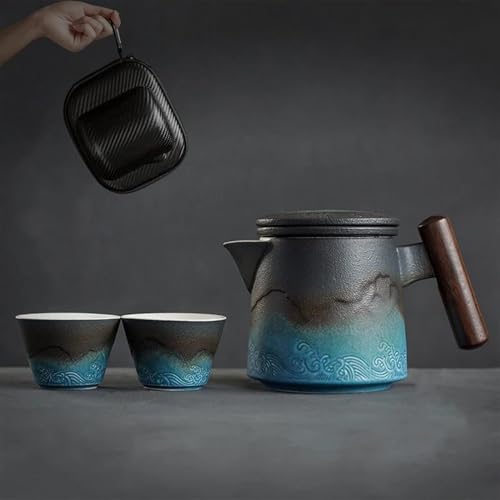 Teetassen-Sets Keramik Blau Tee Set Reise Zeremonie Tragbare Teetasse Camping Kung Fu Sets Japanische Outdoor Teekanne Geschenk Reise-Teeset(B) von CPDDNGZMKK