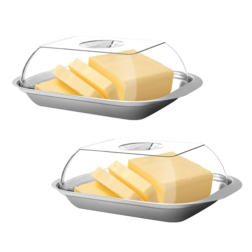 2 Stück Butterdose mit Transparentem Butterglocke, Butterdose Edelstahl, Lebensmittelqualität, 250g Kapazität, 17,8 x 11,1 x 5,5 cm, Langlebig Und Leicht Zu Reinigen von CPENG
