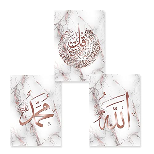 3 Stück islamischen Kalligraphien Roségold Marmor Poster Wanddruck Leinwand Gemälde Wohnzimmer Inneneinrichtung Heimdekoration Gold islamische Wandkunst abstrakter Druck Gemälde 50x70cmx3 kein Rahmen von CPGG