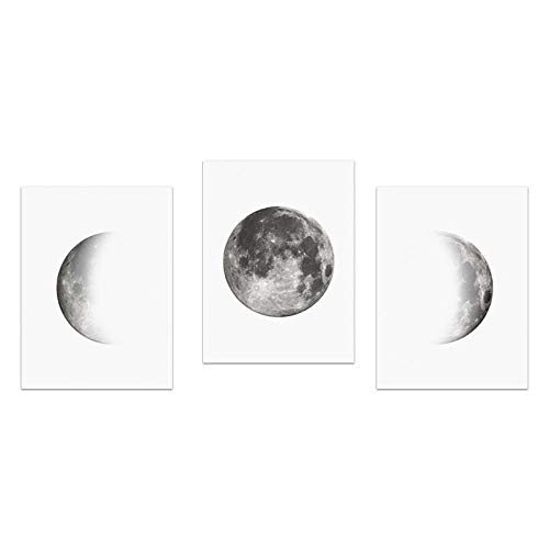 Bild Schlafzimmer - 3-Teiliges Mondphasen-Druck Grauer Mond Poster Mond Aquarell Kunst Leinwand Gemälde Schlafzimmer Wandbild für Wohnzimmer Zuhause Wandkunst Dekor 50x70cmx3Stück ungerahmt von CPGG