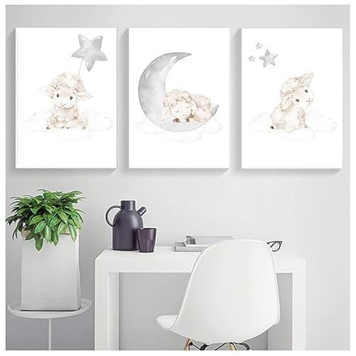 CPGG 3Er-Set Cartoon-Tierbaby-Bild Schaf Kinderzimmer Poster und Druck Wandkunst Leinwandgemälde Nordisches Kinderzimmer Dekoration Kunstwerk-30 * 40Cm/12 * 16 Zoll (Ungerahmt) von CPGG