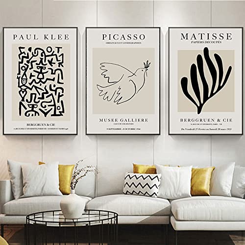 CPGG Art Prints 3er Set Picasso Matisse Abstraktes Poster Schwarz Weiß Strichzeichnung Vogel Blatt Leinwand Gemälde Wandbild Wohnzimmer Dekor-50x70cm Kein Rahmen von CPGG