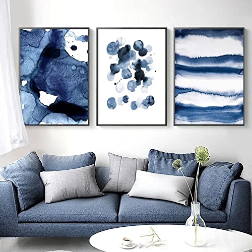 CPGG Leinwand-Wandkunst 3er-Set abstrakte Wandkunst weiß dunkelblau Aquarelle nordische Leinwand Poster und Drucke Wohnzimmer Schlafzimmer Korridor Dekoration Wandkunstwerk 60x80cm ohne Rahmen von CPGG