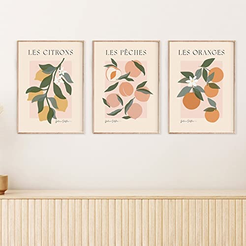 CPGG Leinwandbild 3er-Set Obstmarkt Poster modernes Leinwandbild skandinavischer Kunstdruck Orangen Pfirsiche Zitronen Wandbild für Wohnzimmer Heimdekoration-40x50cm Ungerahmt von CPGG