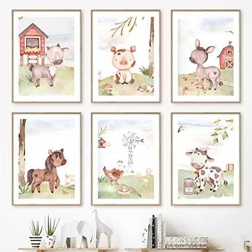 CPGG Set von 6 Pferd Kuh Schwein Huhn Bauernhof Tiere Kinderzimmer Wandkunst Leinwand Malerei Nordische Poster und Drucke Wandbild Baby Kinderzimmer Dekor-20x30cm (Kein Rahmen) von CPGG