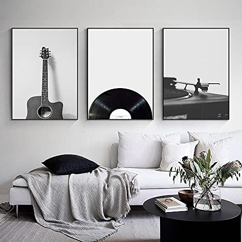 CPGG Kunstdrucke auf Leinwand Musik Schallplatte Poster Schwarz-Weiß Gitarre Fotografie Wandkunst Leinwand Gemälde modernes Retro-Schlafzimmer Dekoration Bilder 50x70cmx3 ungerahmt von CPGG