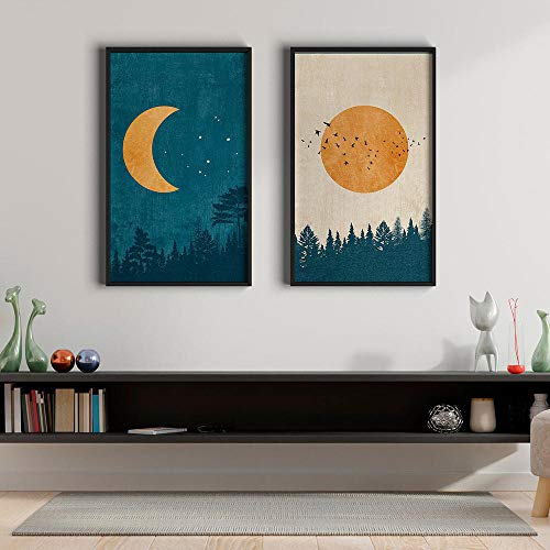 CPGG Leinwand-Wandkunst, nordischer Wald, Leinwandmalerei, Vintage-Wandkunst, abstrakte Boho-Landschaftsbilder, Mond, Sonne, Poster und Drucke für Schlafzimmerdekoration 40x50cmx2 ungerahmt von CPGG