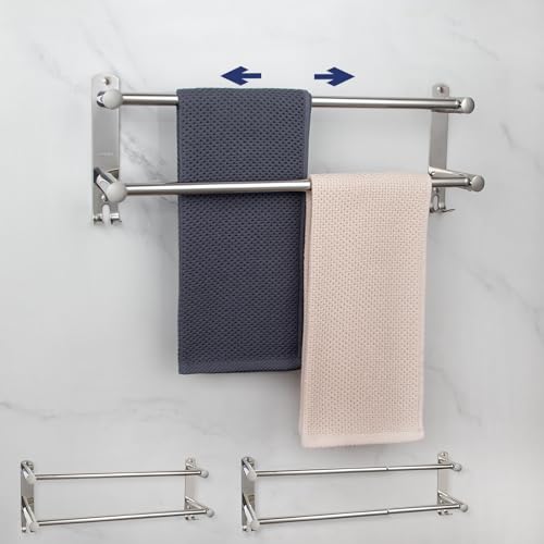 Handtuchhalter Wand Einziehbar 50-90CM Edelstahl Glänzend Handtuchstange Lochstanzen Zweiarmig Badetuchhalter mit Haken Wandmontage für Badezimmer Küche Toilette (2 Stöckig) von CPOOTCP