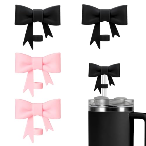 4 Stück Strohhalm Abdeckung, Strohkappe, Stroh Abdeckung, Bogenknoten Strohhalm Abdeckung, Silikon Stroh Deckel, Wiederverwendbar Strohhalm Schutzkappe, für Becher, Cup Zubehör (Schwarz + Rosa) von CPRNQY
