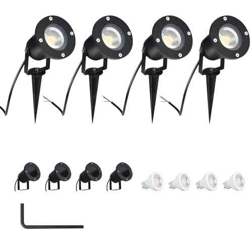 4er 5W LED GU10 Gartensrtahler LED Strahler mit Erdspieß AC85-265V mit 40CM Stromkabel Wasserdicht Lampe Außen Natürliches Weiß 4000K Rund für Wegbeleuchtung für Garten Terrasse, inkl. LED Glühbirne von CPROSP