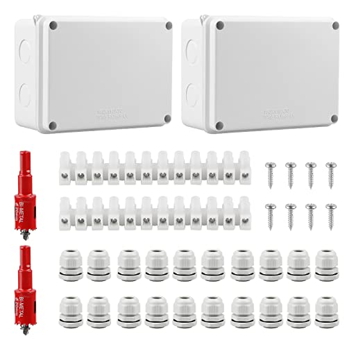 CPROSP 2er Abzweigdose Wasserdicht IP44 Feuchtraumdosen Aufputz-Abzweigkasten 150x110x70mm für Ø6-12 mm, mit 10x Kabelverschraubungen, mit Lochsäge 20mm von CPROSP