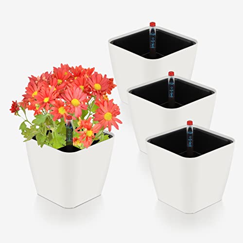 CPROSP 4X Selbstbewässerungstopf mit Wasserstandsanzeigen, Kräutertopf Selbstbewässernd 13,7 * 13,5 cm, Blumentopf Wasserspeicher mit Topf-in-Topf System, Blumentopf für Faule Weiß von CPROSP