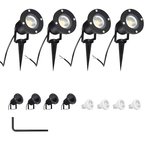 4er 5W LED GU10 Gartensrtahler LED Strahler mit Erdspieß AC85-265V mit 40CM Stromkabel Wasserdicht Lampe Außen Warmweiß 3000K Rund für Garten Terrasse Treppen Garage, inkl. LED Glühbirne von CPROSP