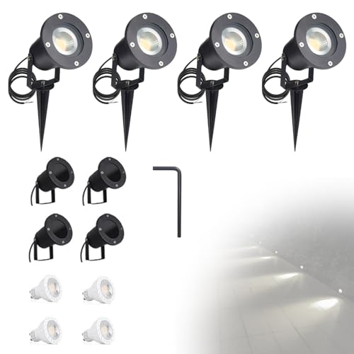 CPROSP 4er 5W LED GU10 Gartensrtahler Strahler mit Erdspieß AC85-265V mit 150CM Stromkabel Wasserdicht Lampe Außen Natürliches Weiß Rund für Garten Terrasse Treppen Garage, inkl. LED Glühbirne von CPROSP
