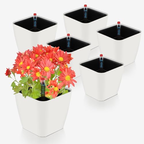 CPROSP 6X Selbstbewässerungstopf mit Wasserstandsanzeigen, Kräutertopf Selbstbewässernd 13,7 * 13,5 cm, Blumentopf Wasserspeicher mit Topf-in-Topf System, Blumentopf für Faule Weiß von CPROSP