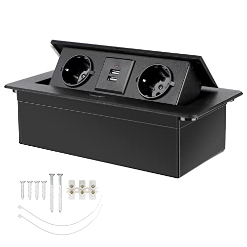 CPROSP Einbausteckdose Versenkbar 2 Fach mit 2 USB mit Innner Verkabelung, Einbau Steckdosenlieste Arbeitsplatte mit Deckel Schwarz, Möbelsteckdose Klappbar für Küche/Schreibtisch/Werkbank von CPROSP