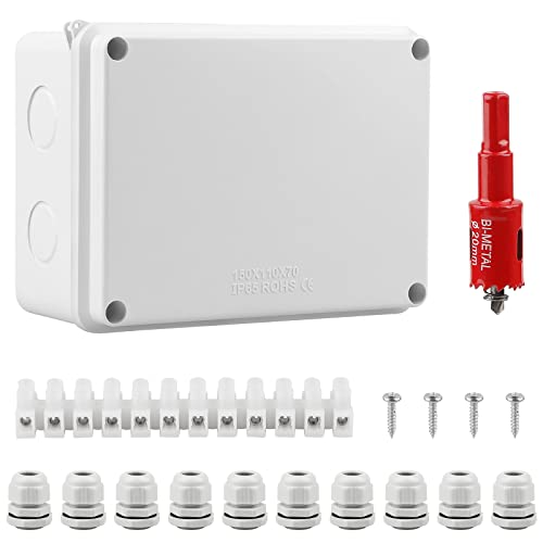 CPROSP Abzweigdose Wasserdicht IP65 Feuchtraumdosen Aufputz-Abzweigkasten 150x110x70mm für Ø6-12 mm, mit 10x Kabelverschraubungen, mit Lochsäge 20mm von CPROSP
