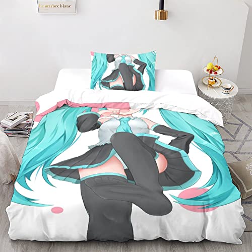 CPSUN Hatsune Miku Bettwäsche Bettbezug-Set Mikrofaser, Bettbezug Reißverschluss Und Kissenbezug Für Schlafzimmer, Weiche Bequemer Single（135x200cm） von CPSUN