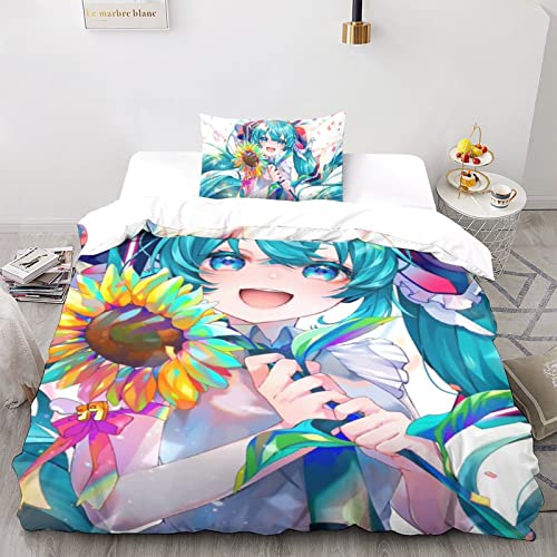 CPSUN Hatsune MikuBettwäsche-Set 3D Print Dreiteiliger Bettbezug Set Microfaser Kissenbezug 3 Teilig Mit Reißveschluss, Weiche Bequemer Single（135x200cm） von CPSUN