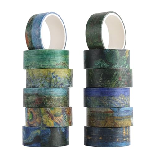 CPSYTE Papier Klebeband, Washi Tape Set, 12 Rollen Van Gogh Collection Washi Tape Gold, 15mm x 2m, Vintage Washi Tape zum Dekorieren von Scrapbooking, Journals, DIY Designs von CPSYTE