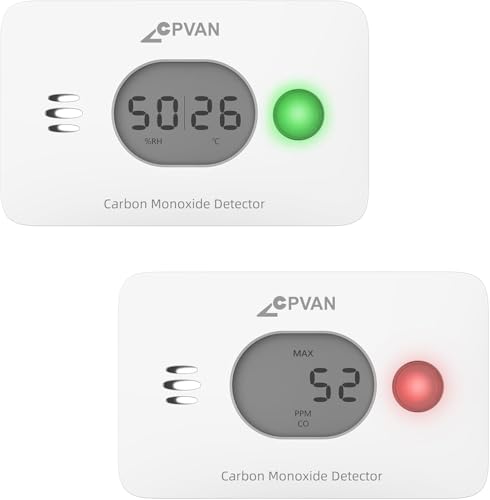 CPVAN 3 in 1 Kohlenmonoxid Melder, 10 Jahre CO Warnmelder mit Austauschbarer Batterie,CO-Detektor mit Temperatur & Luftfeuchtigkeit,Europäische Norm EN50291,2er Set von CPVAN
