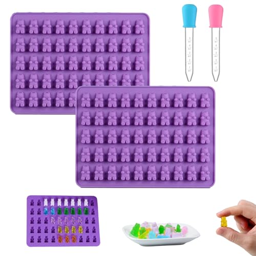 CPYJW 2 Stück Gummibärchen Form,Gummibärchen Selber Machen Silikonform Gummibärchen Mit 50 Kavitäten 2 Tropfern Antihaft-Silikonformen für Die Herstellung Von SüßIgkeiten Gelee & Schokolade-Lila von CPYJW