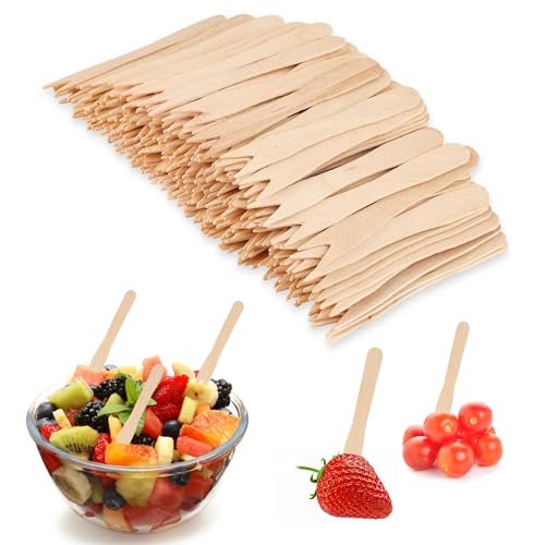 CPYJW 200 Stück Pommesgabel,Holzgabeln Pommespieker Aus Holz Holzbesteck Kleine Gabeln Snackgabel Früchtegabel Einwegbesteck für Party Geburtstag Camping Und Picknick（Holzfarbe 85mm） von CPYJW