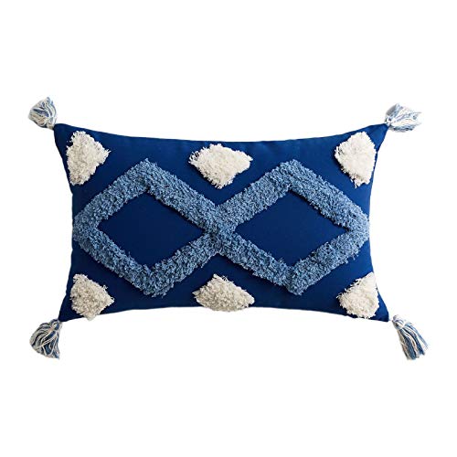 Marokko-Lendenkissen, 30 x 50 cm, weiß-blau, geometrisches Muster, gewebte getuftete Quasten, rechteckig, Kissenbezug für Couch, Sofa, Schlafzimmer, weißer Seidenkissenbezug von CQEAZ
