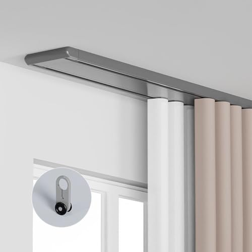 CQIKRWGWS Robuste Doppelvorhangschiene – Geräuschloses Deckenschienen-Set für Wohnzimmer und Badezimmer – Verstecktes Design für reibungslosen Betrieb und einfache Installation (Grau 430 cm) von CQIKRWGWS